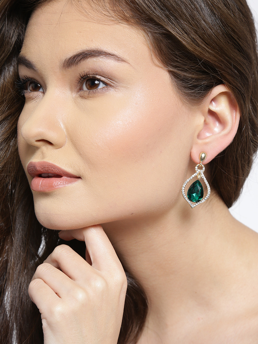 YouBella Off-White  Green Gold-Plated Teardrop Shaped Drop Earrings